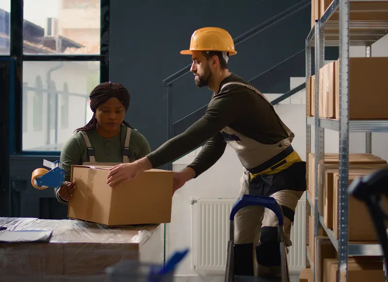 Workers handling boxes in storage facility